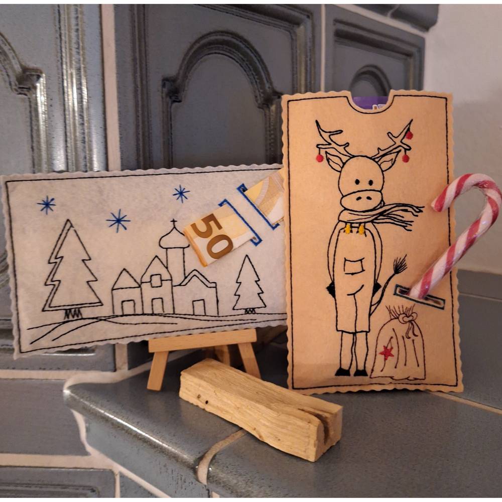 Stickdatei Schokohülle Weihnachten Geldgeschenk Winterfiguren Bild 3