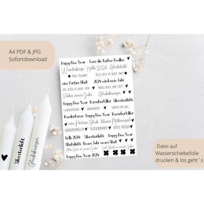 PDF Vorlage für Kerzen I Silvester I Kerzentattoo Stabkerzen Wasserschiebefolie | Druckvorlage Kerzensticker