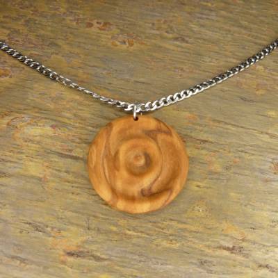 Halskette aus Olivenholz in Form einer Welle, runder Anhänger, silberne Edelstahl Panzerkette 