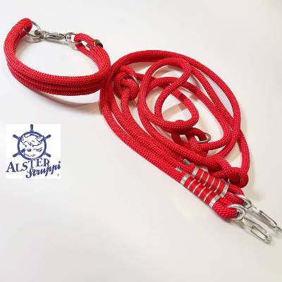 Hundeleine und Halsband Set, verstellbare Leine, Kletterseil rot, griffig, Halsband mit Edelstahl Karabiner und Ringen