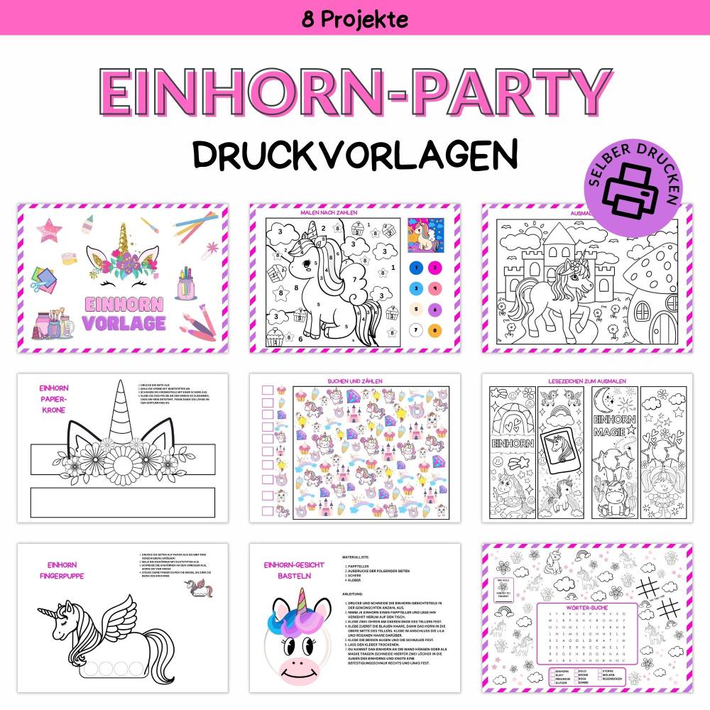 Bastelvorlage Einhorn für Kinder Druckvorlage -  Kindergeburtstag Beschäftigung - Malvorlage - Digitaler Download Bild 1