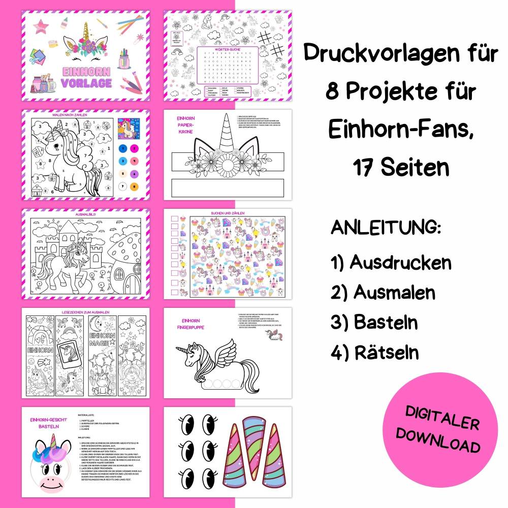 Bastelvorlage Einhorn für Kinder Druckvorlage -  Kindergeburtstag Beschäftigung - Malvorlage - Digitaler Download Bild 2