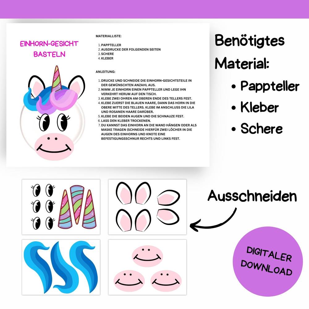 Bastelvorlage Einhorn für Kinder Druckvorlage -  Kindergeburtstag Beschäftigung - Malvorlage - Digitaler Download Bild 9