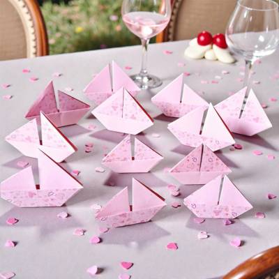 10 Origami Segelboote rosa – Tischdeko Konfirmation, Taufe, Hochzeit, Schiffe, Boote, Papierdeko mit Herzen