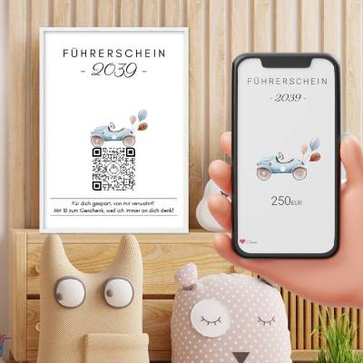Führerschein Zuschuss | Geldgeschenk | Personalisiertes Virtuelles Sparbuch | QrCode Bild | Auto Blau