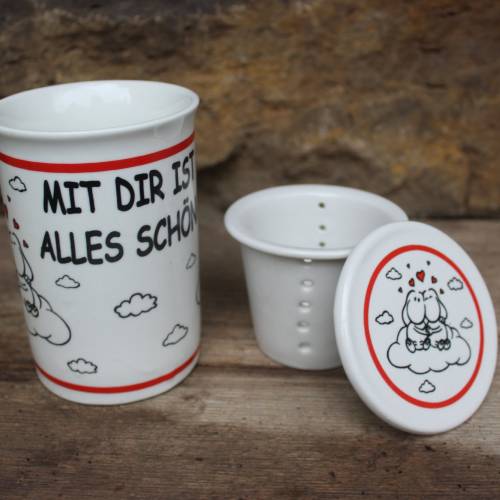 Teetasse mit Teesieb Liebende Schäfchen Spruchtasse "Mit Dir ist alles Schön!" Porzellan CEPEWA Vintage