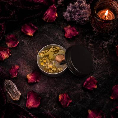 Wohlstands-Kerze  Paraffin, Kräuter und Blüten, 30 ml, Geld-Tropfen, Glückscent, Heilsteine Obsidian & Bergkristall, Dec