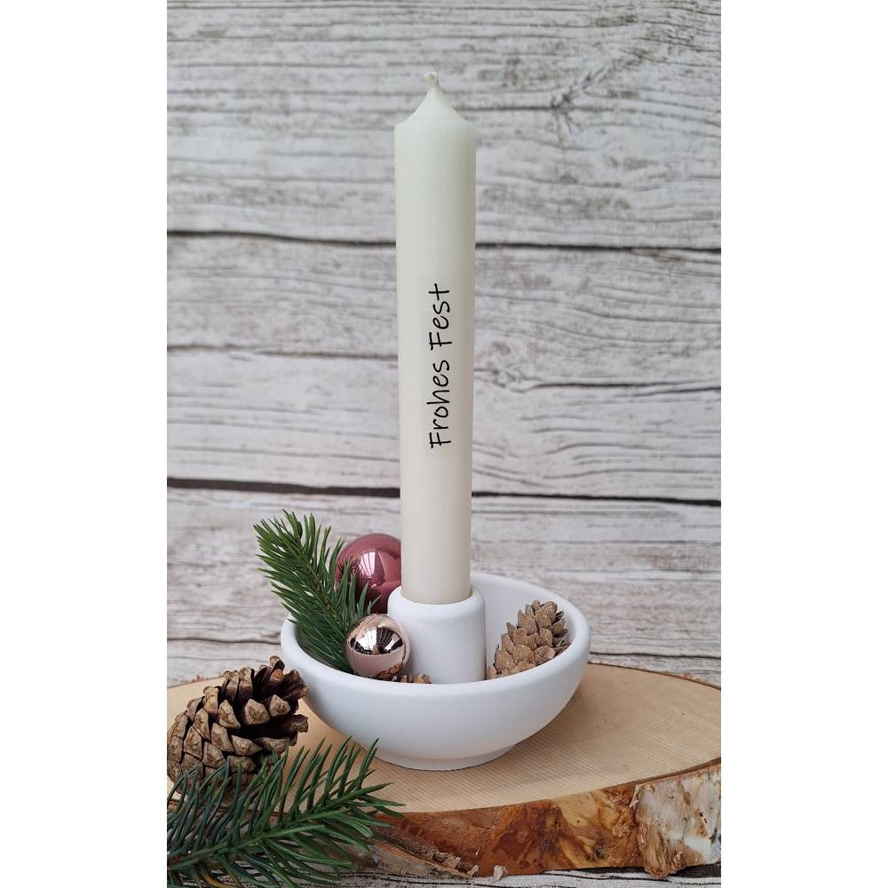 Kerzenhalter-Schale mit Stabkerze ~ Deko Kerze mit Halter ~ Kerze Elfenbein ~ Weihnachten