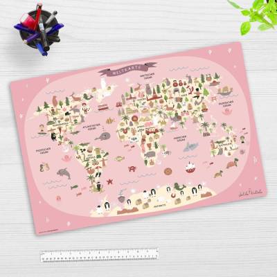 Schreibtischunterlage - Weltkarte in rosa mit Tieren in deutsch – 60 x 40 cm – aus hochwertigem Vinyl – Mad in Germany