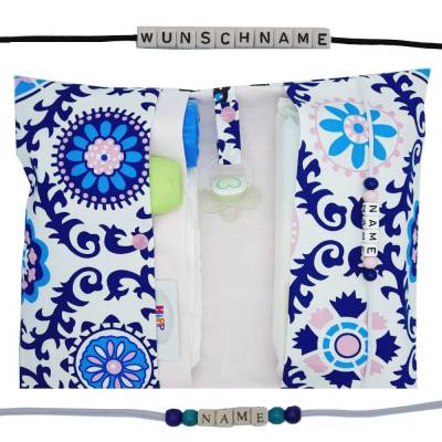 Windeltasche mit Name to go Wickeltasche XXL Ornamente blau rosa Windeletui Geschenk Geburt Taufe Mädchen Baby