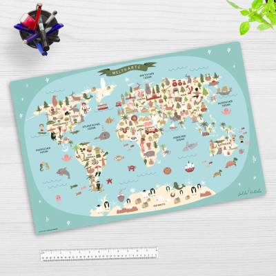 Weltkarte in blau mit Tieren in deutsch – 60 x 40 cm – Schreibunterlage aus hochwertigem Vinyl – Made in Germany!