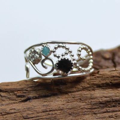 Filigraner Ring aus Sterling Silber mit Amazonit und Rauchquarz - Größe 61 - handgemacht