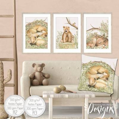 Mädchenzimmer Waldtiere Feengarten Poster Fuchs & Reh Kinderzimmer Bilder | A3 - 3er/4er Set