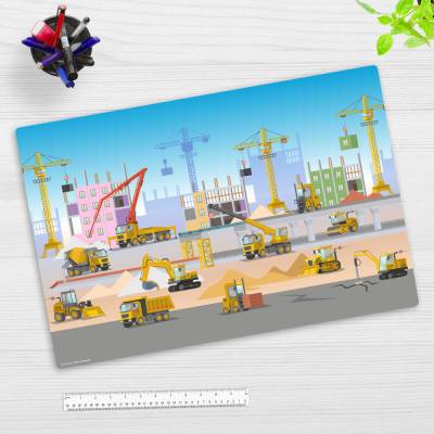 Baustelle mit vielen Fahrzeugen Bagger und Kran – 60 x 40 cm – Schreibunterlage aus hochwertigem Vinyl – Made in Germany