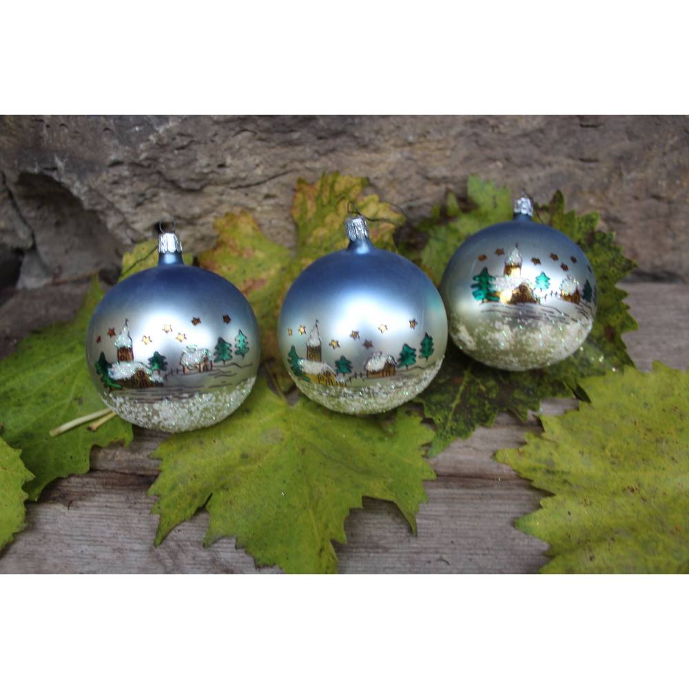 3 Christbaumkugeln Handbemalt Winterlandschaft Christbaumschmuck Christmas ornaments Vintage 80er Jahre DDR GDR