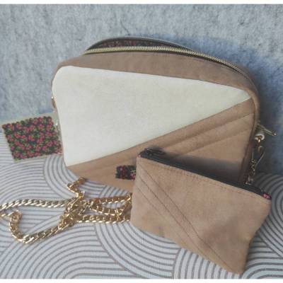 Unikat! Set Handtasche / Umhängetasche inkl. Täschchen! Wildlederimitat in Creme & Cappuccino zweigeteilt mit Steppung