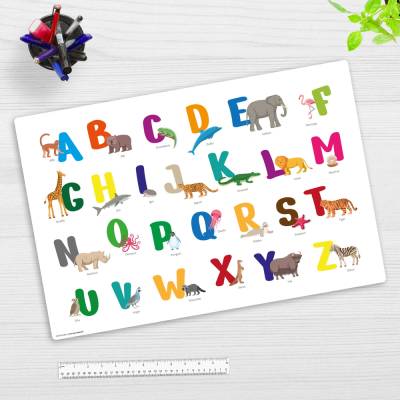 Buntes ABC mit Tieren – 60 x 40 cm – Schreibunterlage aus hochwertigem Vinyl – Made in Germany!