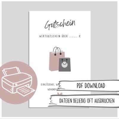 Shoppinggutschein/Gutschein zum Ausdruck, Gutschein Shopping - Gutschein zum Ausdrucken Last Minute Geschenk