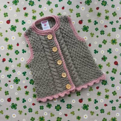 Trachtenweste Pullunder braun rosa Weste Zopfmuster Taufkleidung Trachtenjacke Dirndl Geschenk Geburtstag Taufe Strickwe