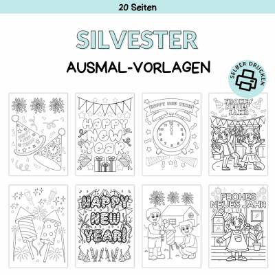 Ausmalbilder Silvester Druckvorlage - Malbuch zum Selberdrucken - Malen für Kinder - Digitaler Download