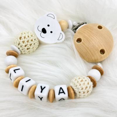 Schnullerkette mit Name personalisiert 3D Bär mit Häkelperle Stern natur weiß für Junge und Mädchen Nuckelhalter
