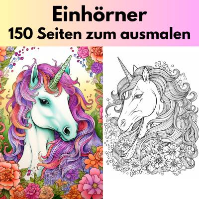 Einhörner 150 Seiten Malbuch Erwachsene Kinder Sofort Download Malbuch