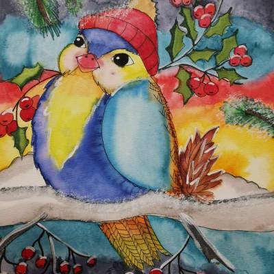 Süsser Winter Vogel Aquarell 