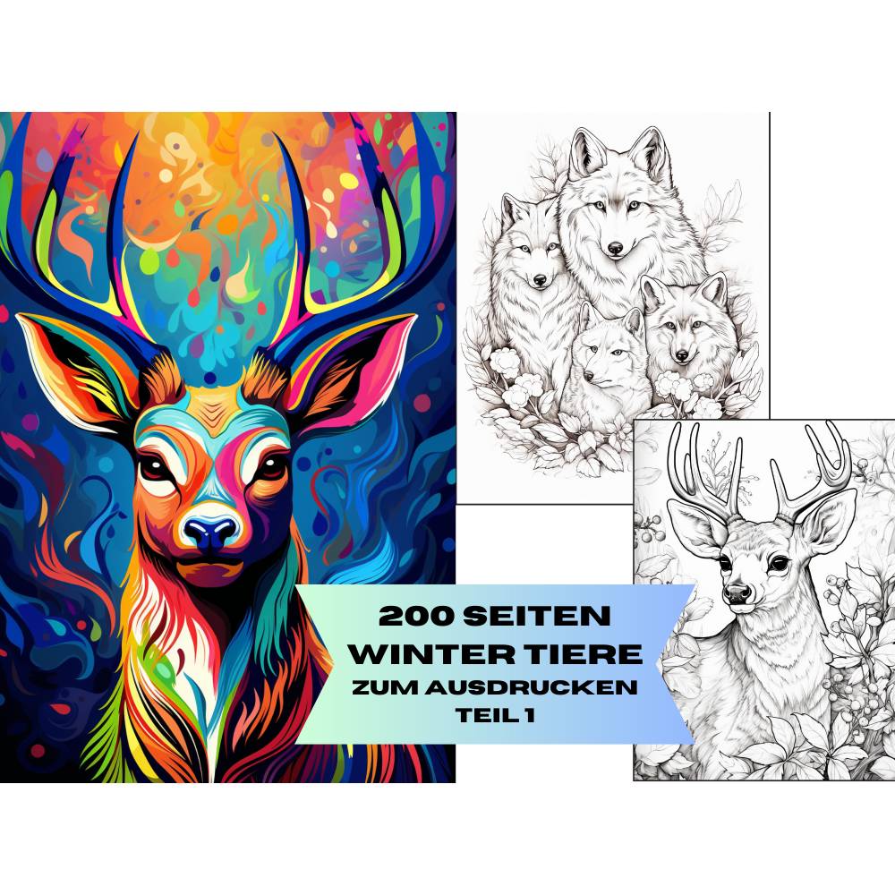 Winter Tiere 200 Seiten PDF Malbuch Teil 1 Erwachsene Kinder Download Bild 1