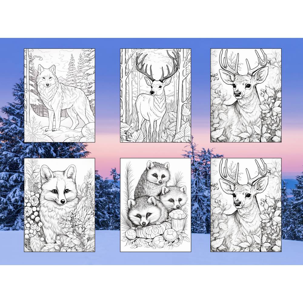 Winter Tiere 200 Seiten PDF Malbuch Teil 1 Erwachsene Kinder Download Bild 2