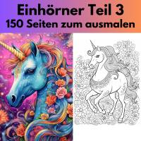 Teil 3 Einhörner 150 Seiten Malbuch Erwachsene Kinder PDF Sofort Download Malbuch
