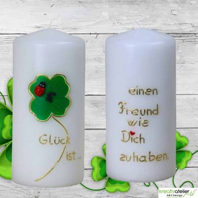 weiße Freundschaftskerze "Glück ist ..." mit Kleeblatt und Echtwachsbeschriftung, liebe Dich, Geschenkidee Liebe