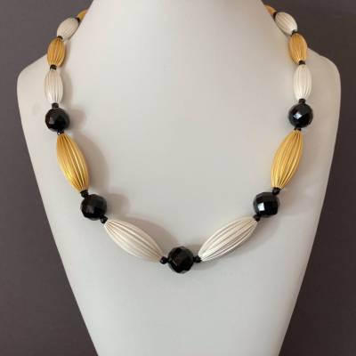 Elegante schwarze Achatkette mit vergoldetem/versilbertem Tombak & Si925, Unikat aus Bayern – exklusives Collier, Geschenkidee
