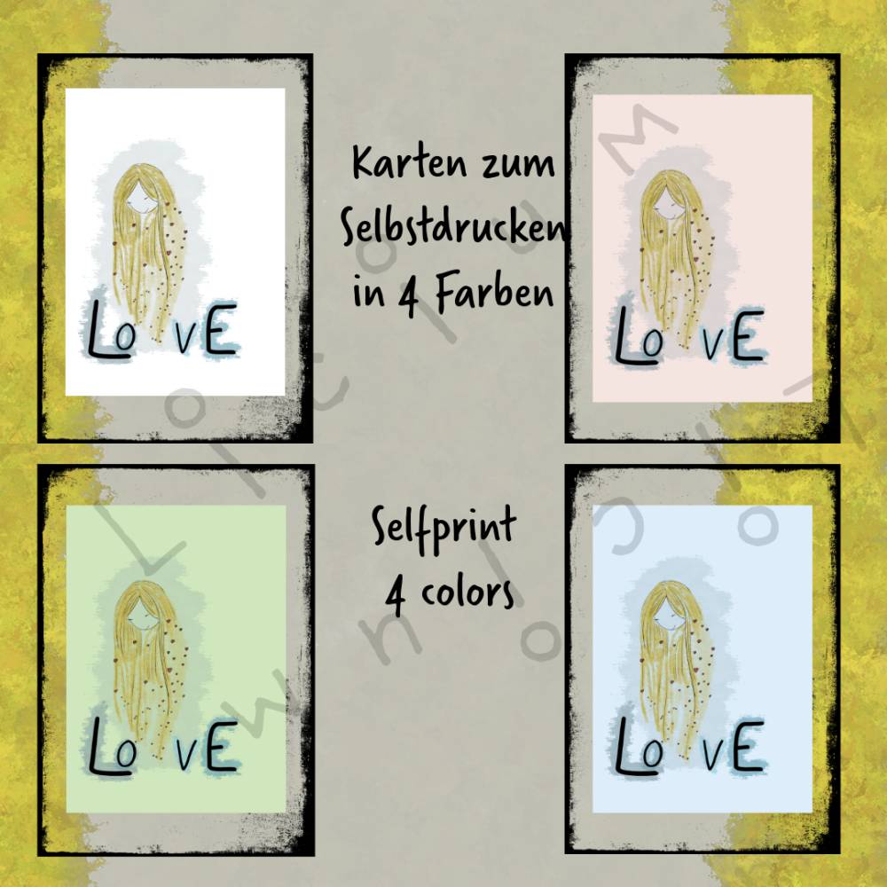 Hintergrund WEISS Haar: GOLD Karte - Frau mit langen Haaren und Herzen - Liebe - Download - A6 und A4 Format Bild 2