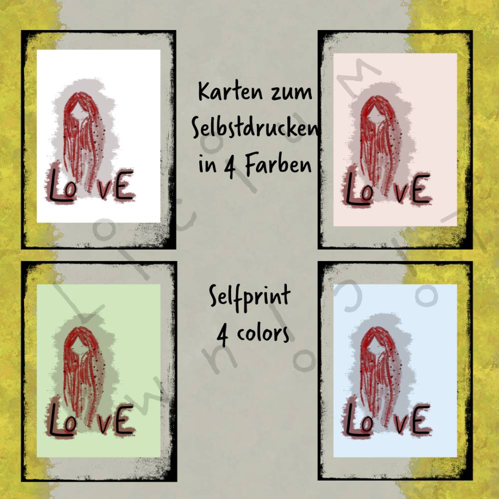 Hintergrund WEISS Haar: GOLD Karte - Frau mit langen Haaren und Herzen - Liebe - Download - A6 und A4 Format Bild 3