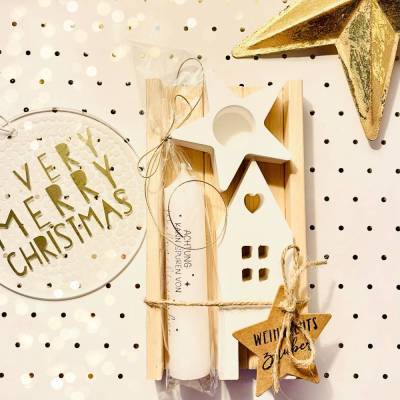Kerzen Geschenkset für Freunde "Spuren von Weihnachtszauber". Mitbringsel. Wichtelgeschenk. Stabkerze. 