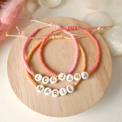 Namensarmband pink, korallenrot oder orange, personalisierbar, Miyuki Perlen, Geschenk Freundin Tochter