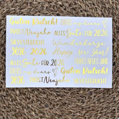 NEU: Kerzenfolie METALLIC GOLD, SILVESTER, A5, Wasserschiebefolie, Kerzentattoo, für Stabkerzen etc, Neujahr, 2026,