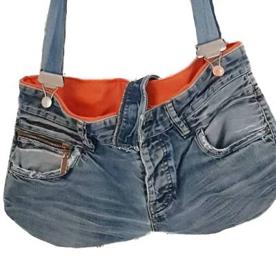 Upcycling Jeanstasche Unikat mit orange Innenfutter, Vintage Hosenträger, viel Stauraum