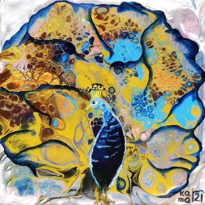 The Peacock - Pfau - Originalgemälde in Pouring Art (Fluid, Acryl, Resin) auf Leinwand Keilrahmen, 20 x 20 cm