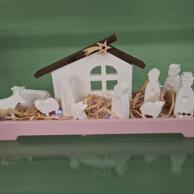 Keraflottfiguren Krippe weiß Maria, Joseph, Jesus, Tiere und die Heiligen 3 Könige, Stall