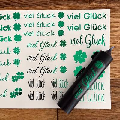 NEU: Kerzenfolie METALLIC GRÜN, Viel Glück, A5, Wasserschiebefolie, Kerzentattoo, für Stabkerzen etc, Glück, Kleeblatt,