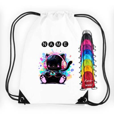 Turnbeutel Motiv Zocker-Mieze mit Name / personalisierbar / verschiedene Farben