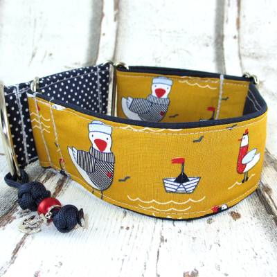 Hundehalsband "Seevögel" breites maritimes verstellbar Martingale mit Zugstopp für Windhunde und große Hunde
