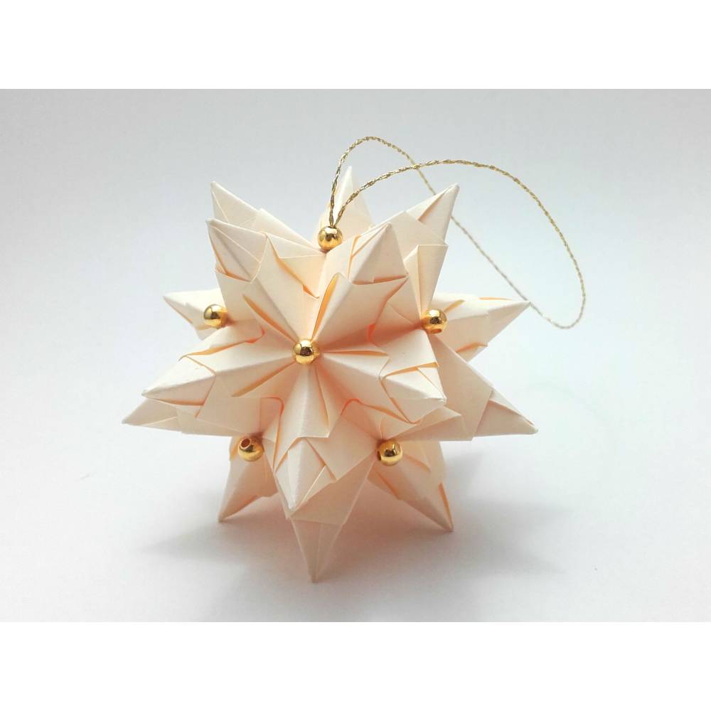 Mini-Bascetta-Stern, ca. 6 cm, Creme/Gold mit Aufhngeband und Perlen,  Weihnachtsstern, Origami Faltstern