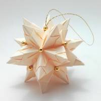 Mini-Bascetta-Stern, ca. 6 cm, Creme/Gold mit Aufhngeband und Perlen,  Weihnachtsstern, Origami Faltstern