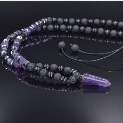 Herren Halskette aus Edelsteinen Amethyst Lava Achat Hämatit mit Amethyst-Anhänger, Länge 61 cm