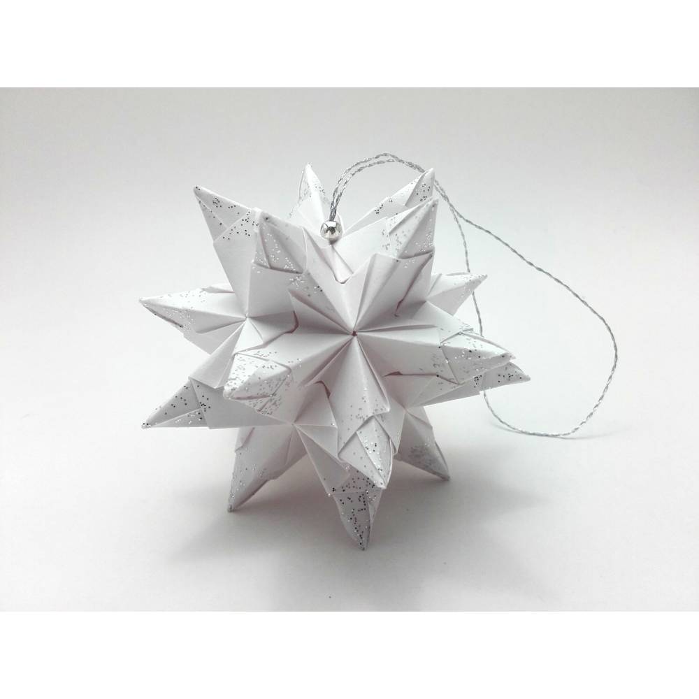 Mini-Bascetta-Stern, ca. 6 cm, Wei/Silber mit Glitzer und Aufhngeband,  Weihnachtsstern, Origami Faltstern