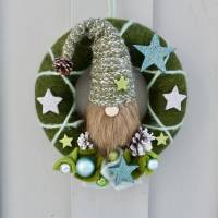 Winter-Türkranz mit Wichtel, Türkranz aus Filz, Deko-Kranz, Adventskranz in Grün-Türkis