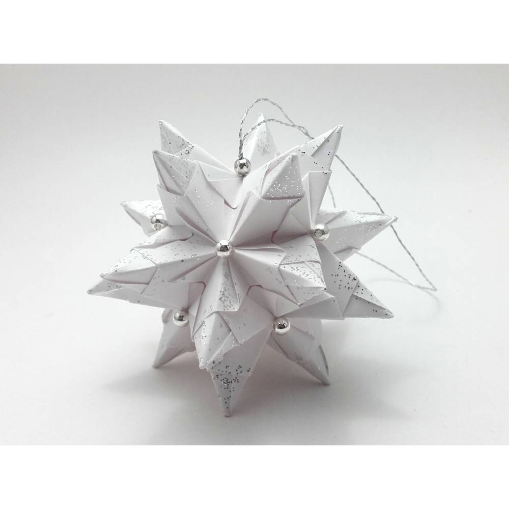 Mini-Bascetta-Stern, ca. 6 cm, Wei/Silber mit Glitzer, Perlen und  Aufhngeband, Weihnachtsstern, Origami Faltstern