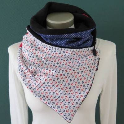 Wickelschal Damen mit Knopf Fleece weiß blau Kuschelschal Nordsee Ostsee Anker maritim warm Knopfschal Geschenk 
